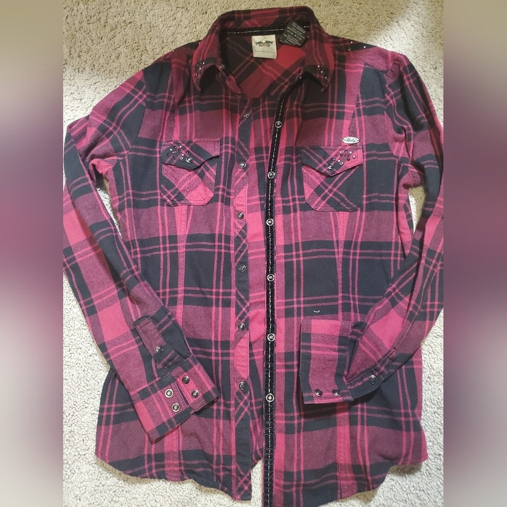 Harley Davidson Plaid Pearl Snap Embrodiered And Studded Shirt